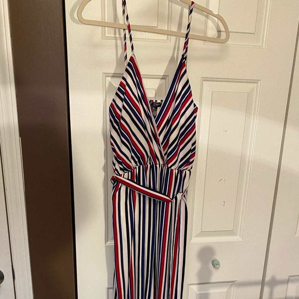 Striped jumpsuit with v neck and tie front